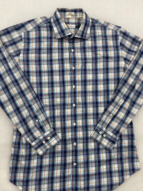 Peter Millar Crown Comfort Plaid Button Down Shirt Blue Tan Men's L